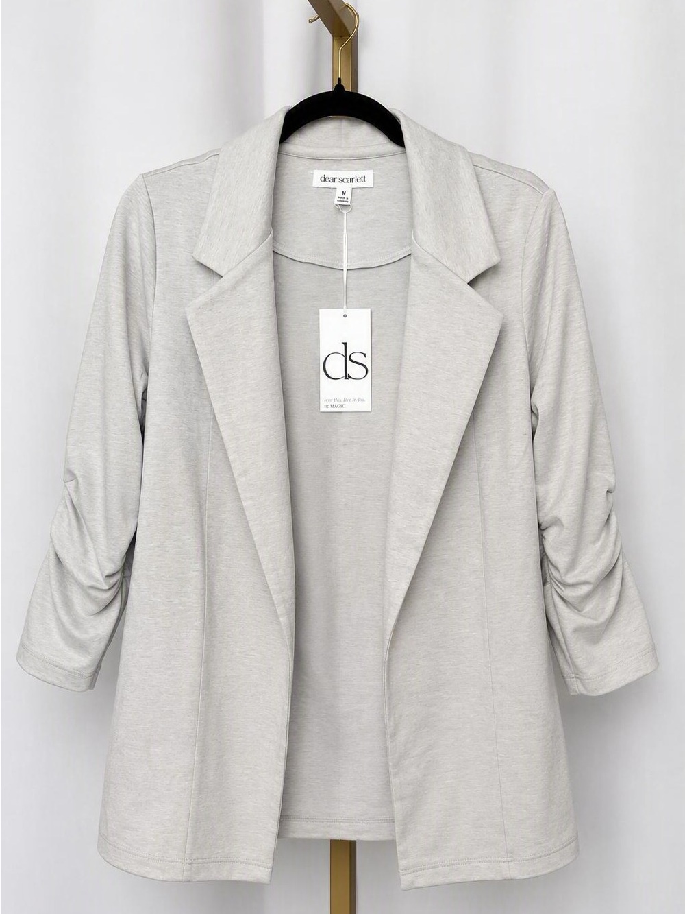 Scarlett Light Gray Open-Front Drapey Blazer with Ruched Sleeves
